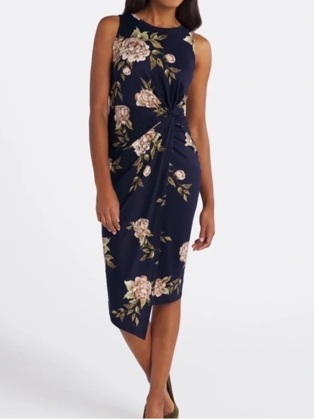 Nine Britton Floral Midi Dress Sleeveless Navy Beige Boho Size S